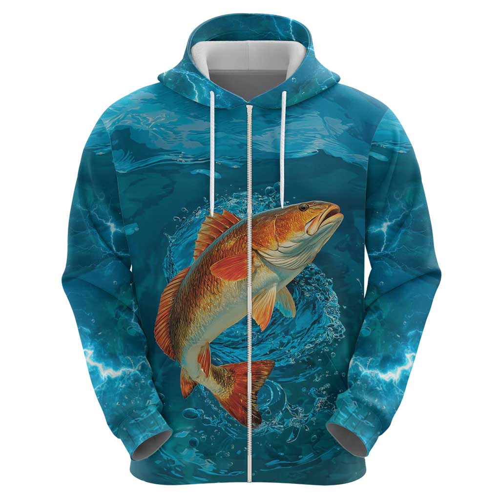 Personalized Redfish Puppy Drum Leaping in Ocean Splash Hoodie Blue Lightning Water Background Design - Wonder Print Shop