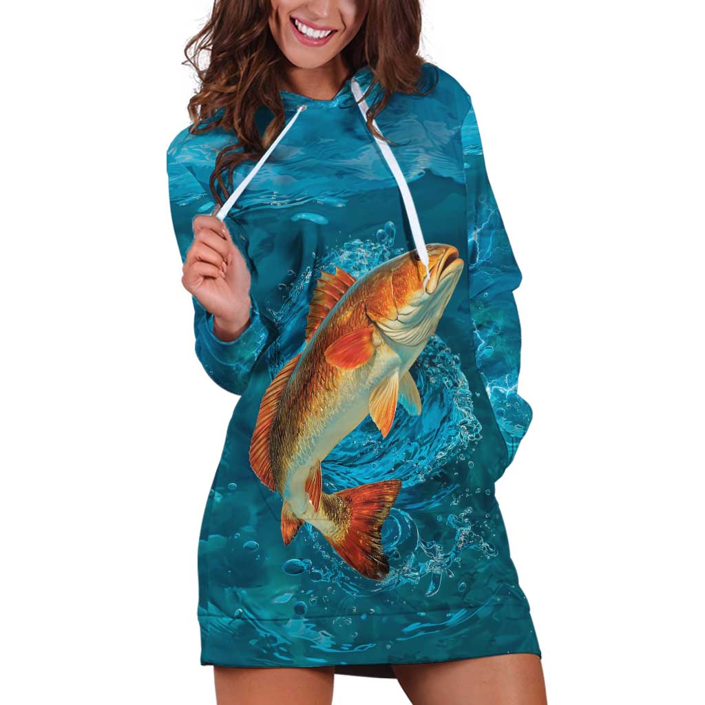 Personalized Redfish Puppy Drum Leaping in Ocean Splash Hoodie Dress Blue Lightning Water Background Design - Wonder Print Shop