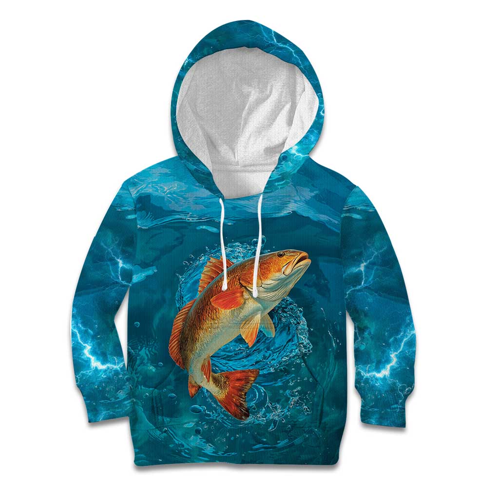 Personalized Redfish Puppy Drum Leaping in Ocean Splash Kid Hoodie Blue Lightning Water Background Design - Wonder Print Shop