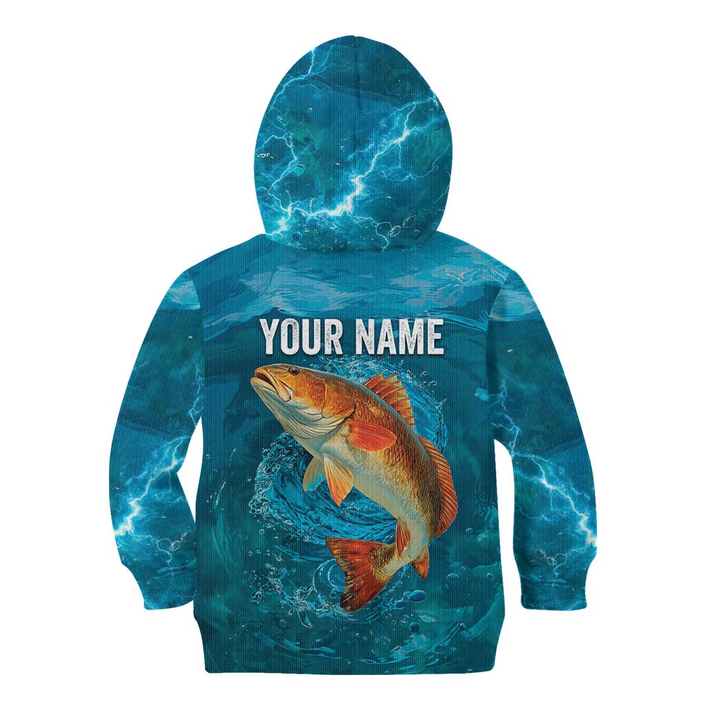 Personalized Redfish Puppy Drum Leaping in Ocean Splash Kid Hoodie Blue Lightning Water Background Design - Wonder Print Shop