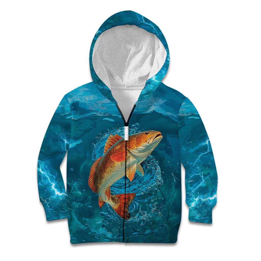 Personalized Redfish Puppy Drum Leaping in Ocean Splash Kid Hoodie Blue Lightning Water Background Design - Wonder Print Shop