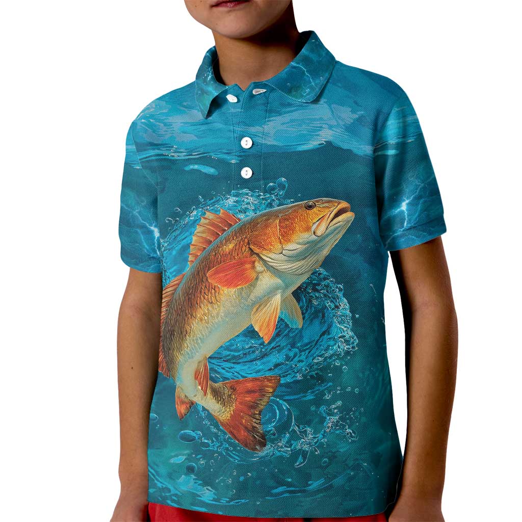 Personalized Redfish Puppy Drum Leaping in Ocean Splash Kid Polo Shirt Blue Lightning Water Background Design - Wonder Print Shop