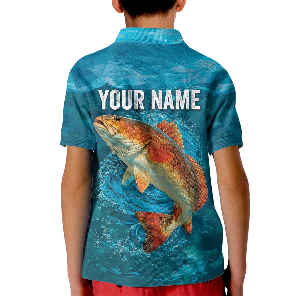 Personalized Redfish Puppy Drum Leaping in Ocean Splash Kid Polo Shirt Blue Lightning Water Background Design - Wonder Print Shop