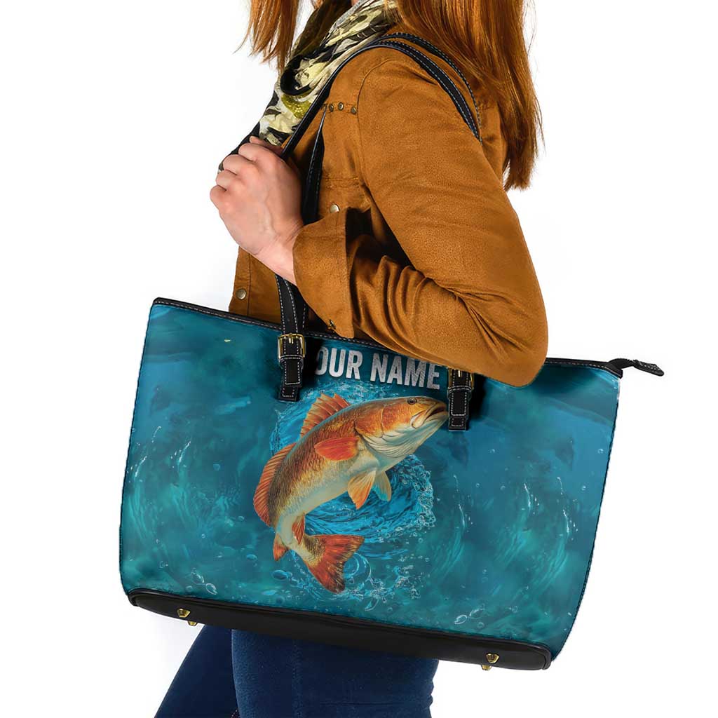 Personalized Redfish Puppy Drum Leaping in Ocean Splash Leather Tote Bag Blue Lightning Water Background Design - Wonder Print Shop