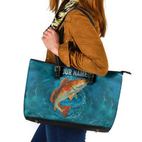 Personalized Redfish Puppy Drum Leaping in Ocean Splash Leather Tote Bag Blue Lightning Water Background Design - Wonder Print Shop