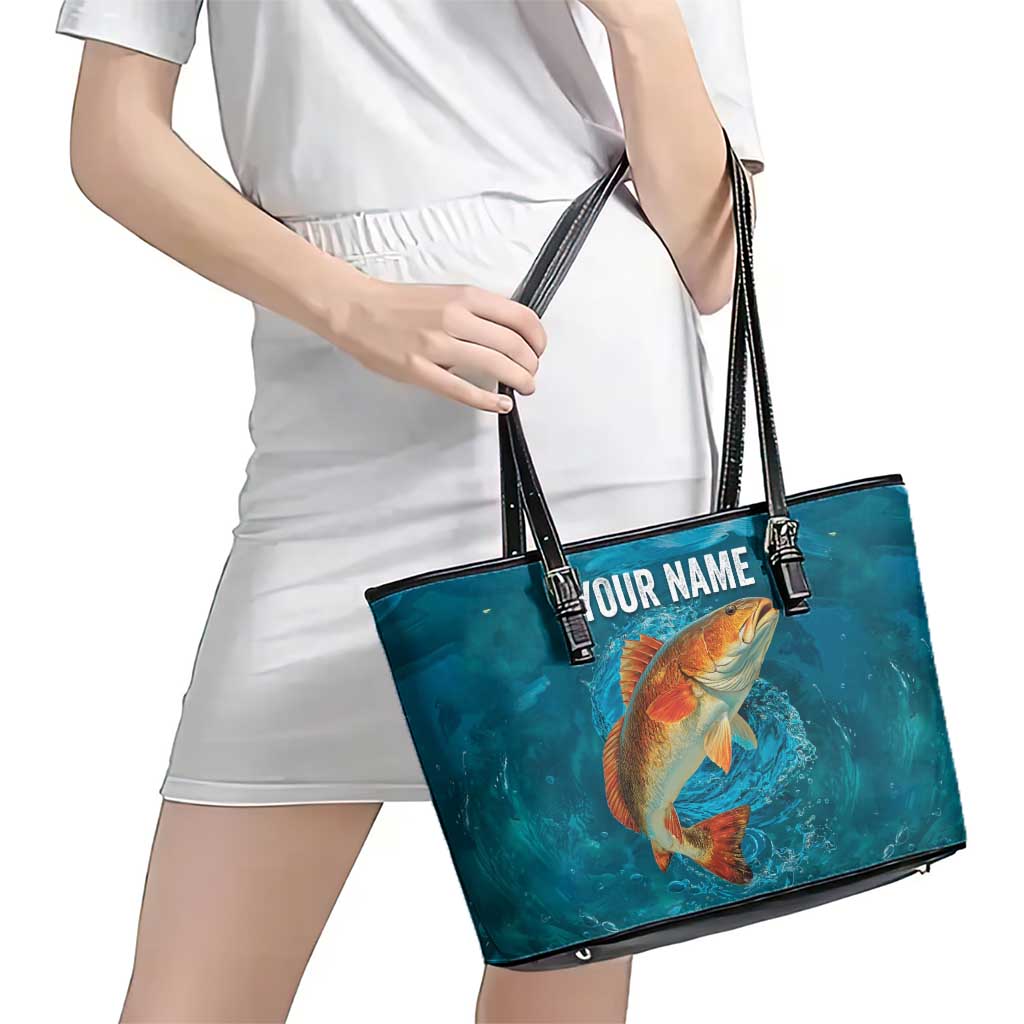 Personalized Redfish Puppy Drum Leaping in Ocean Splash Leather Tote Bag Blue Lightning Water Background Design - Wonder Print Shop