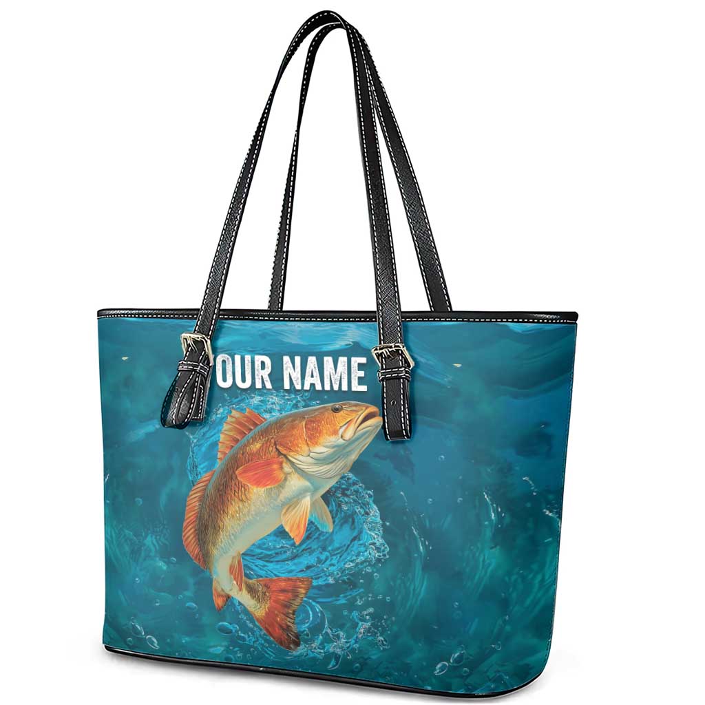 Personalized Redfish Puppy Drum Leaping in Ocean Splash Leather Tote Bag Blue Lightning Water Background Design - Wonder Print Shop