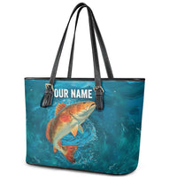 Personalized Redfish Puppy Drum Leaping in Ocean Splash Leather Tote Bag Blue Lightning Water Background Design - Wonder Print Shop