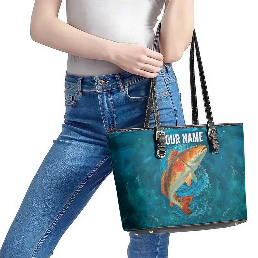 Personalized Redfish Puppy Drum Leaping in Ocean Splash Leather Tote Bag Blue Lightning Water Background Design - Wonder Print Shop