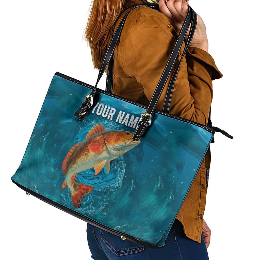 Personalized Redfish Puppy Drum Leaping in Ocean Splash Leather Tote Bag Blue Lightning Water Background Design - Wonder Print Shop