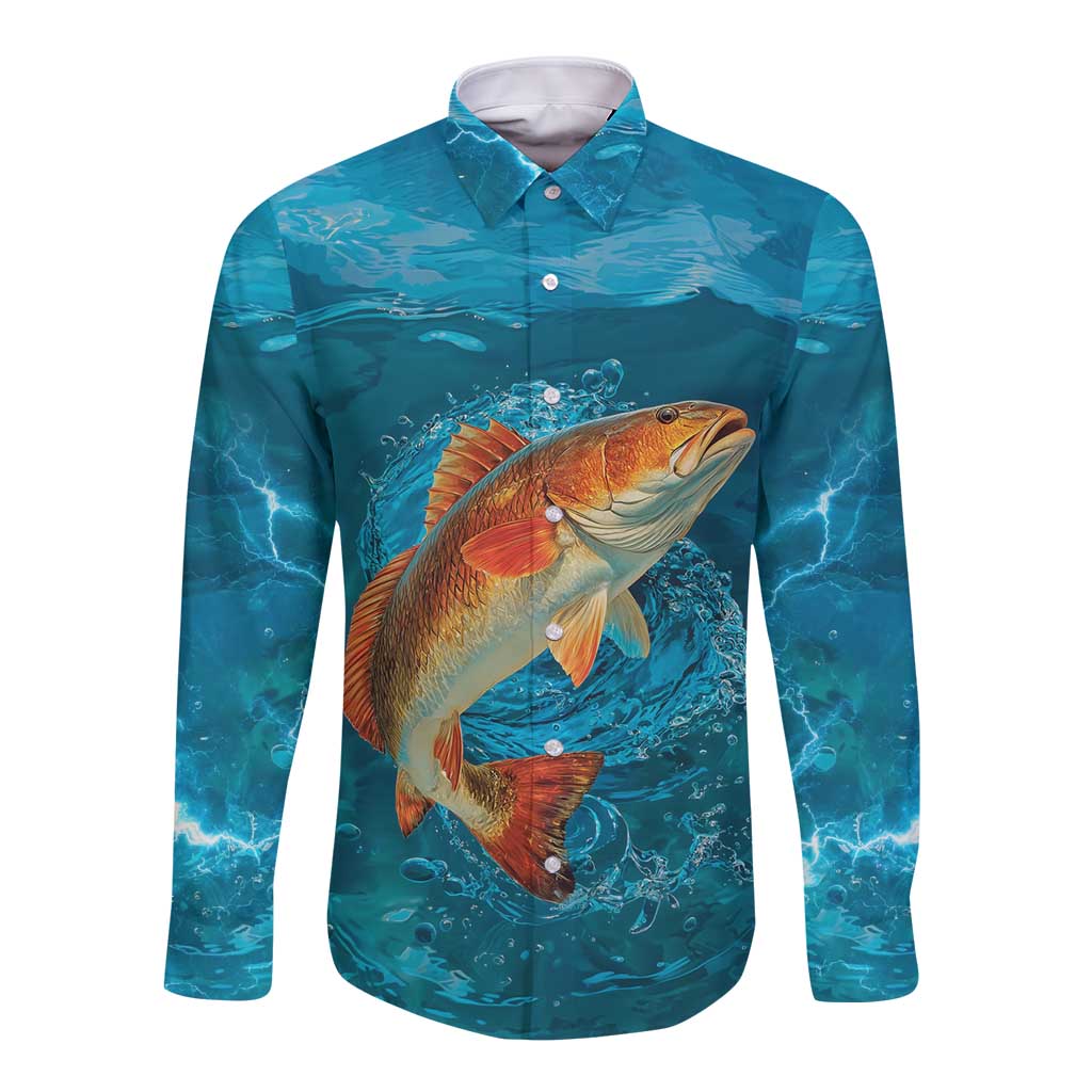 Personalized Redfish Puppy Drum Leaping in Ocean Splash Long Sleeve Button Shirt Blue Lightning Water Background Design - Wonder Print Shop