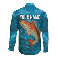 Personalized Redfish Puppy Drum Leaping in Ocean Splash Long Sleeve Button Shirt Blue Lightning Water Background Design - Wonder Print Shop