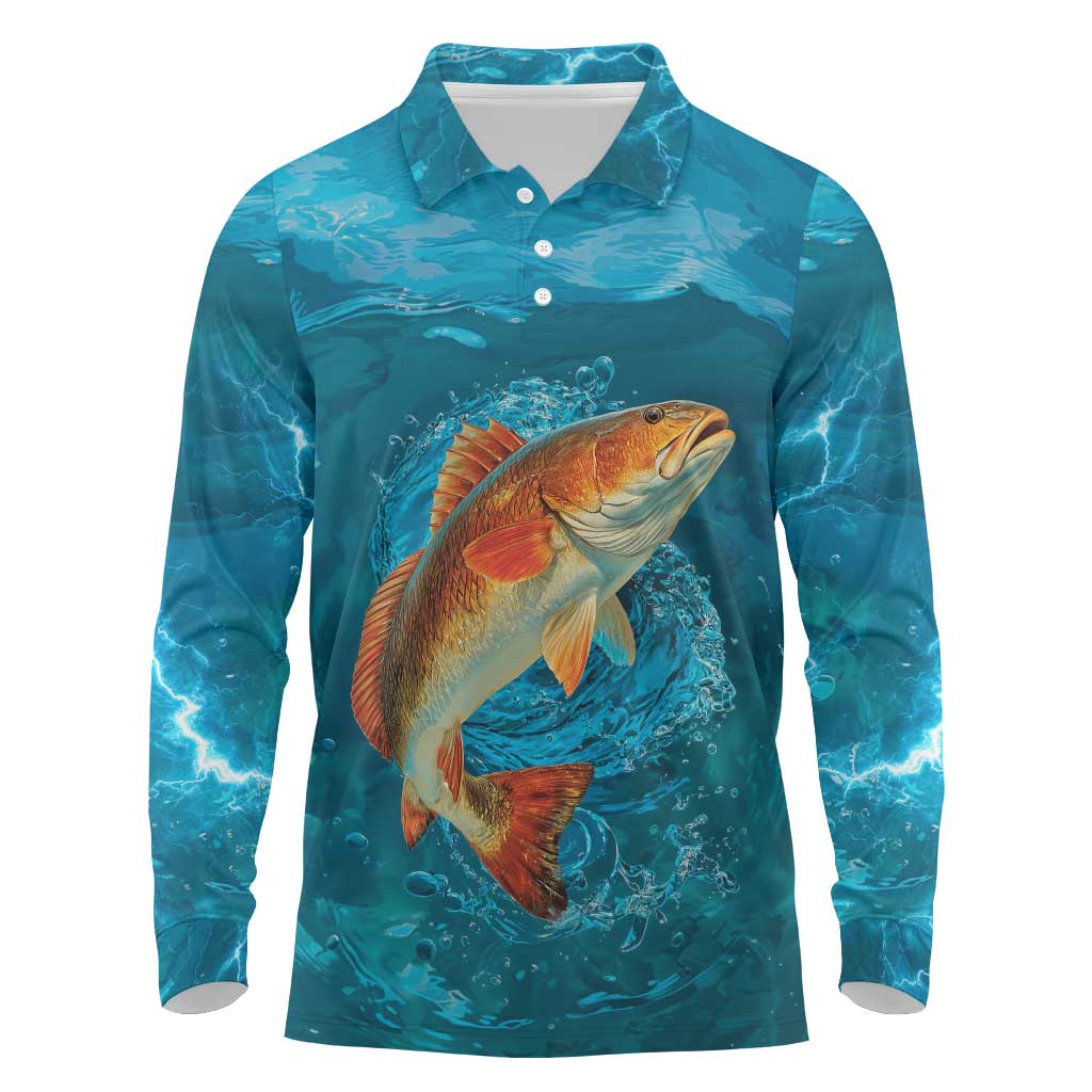 Personalized Redfish Puppy Drum Leaping in Ocean Splash Long Sleeve Polo Shirt Blue Lightning Water Background Design - Wonder Print Shop