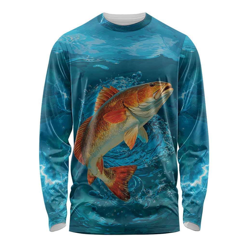Personalized Redfish Puppy Drum Leaping in Ocean Splash Long Sleeve Shirt Blue Lightning Water Background Design - Wonder Print Shop