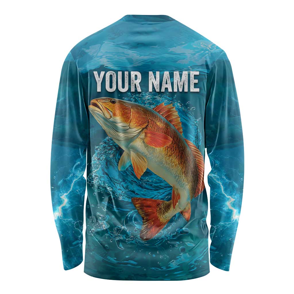 Personalized Redfish Puppy Drum Leaping in Ocean Splash Long Sleeve Shirt Blue Lightning Water Background Design - Wonder Print Shop