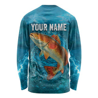 Personalized Redfish Puppy Drum Leaping in Ocean Splash Long Sleeve Shirt Blue Lightning Water Background Design - Wonder Print Shop