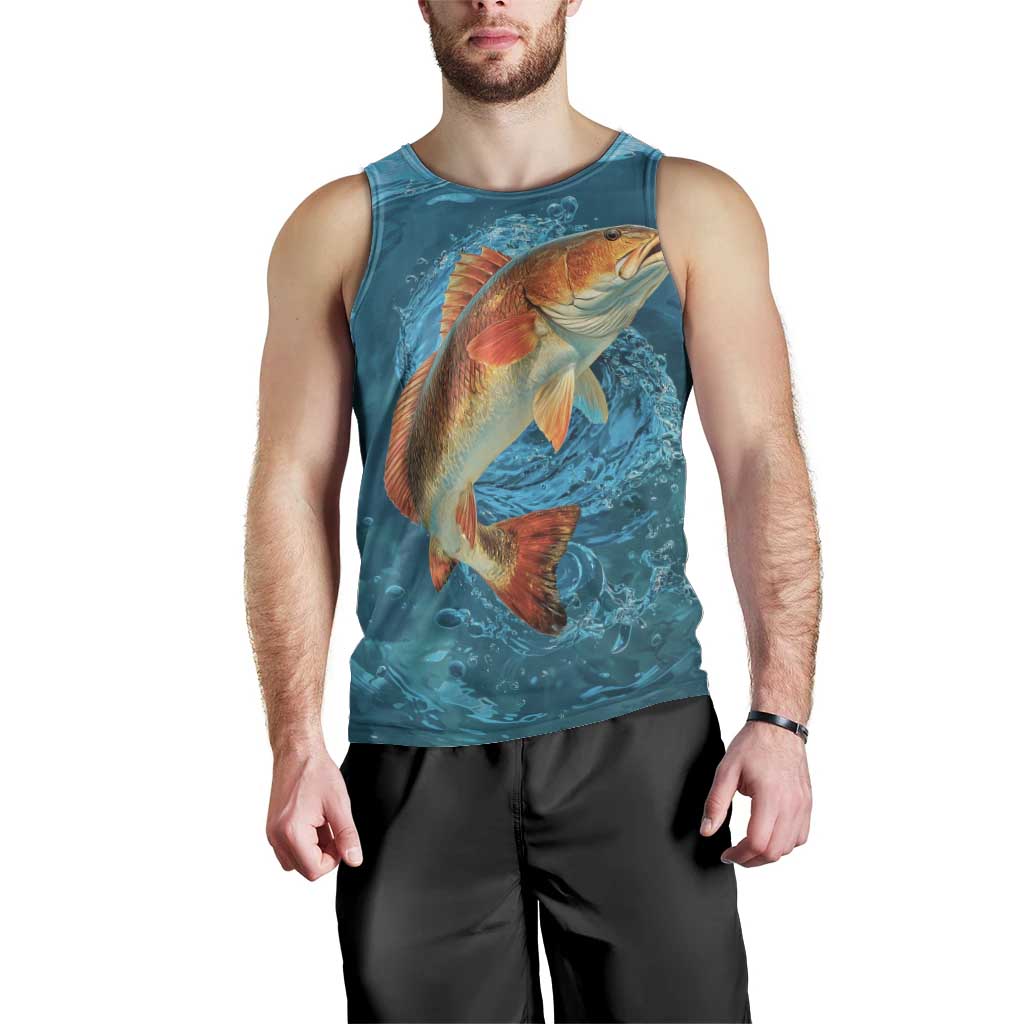 Personalized Redfish Puppy Drum Leaping in Ocean Splash Men Tank Top Blue Lightning Water Background Design - Wonder Print Shop