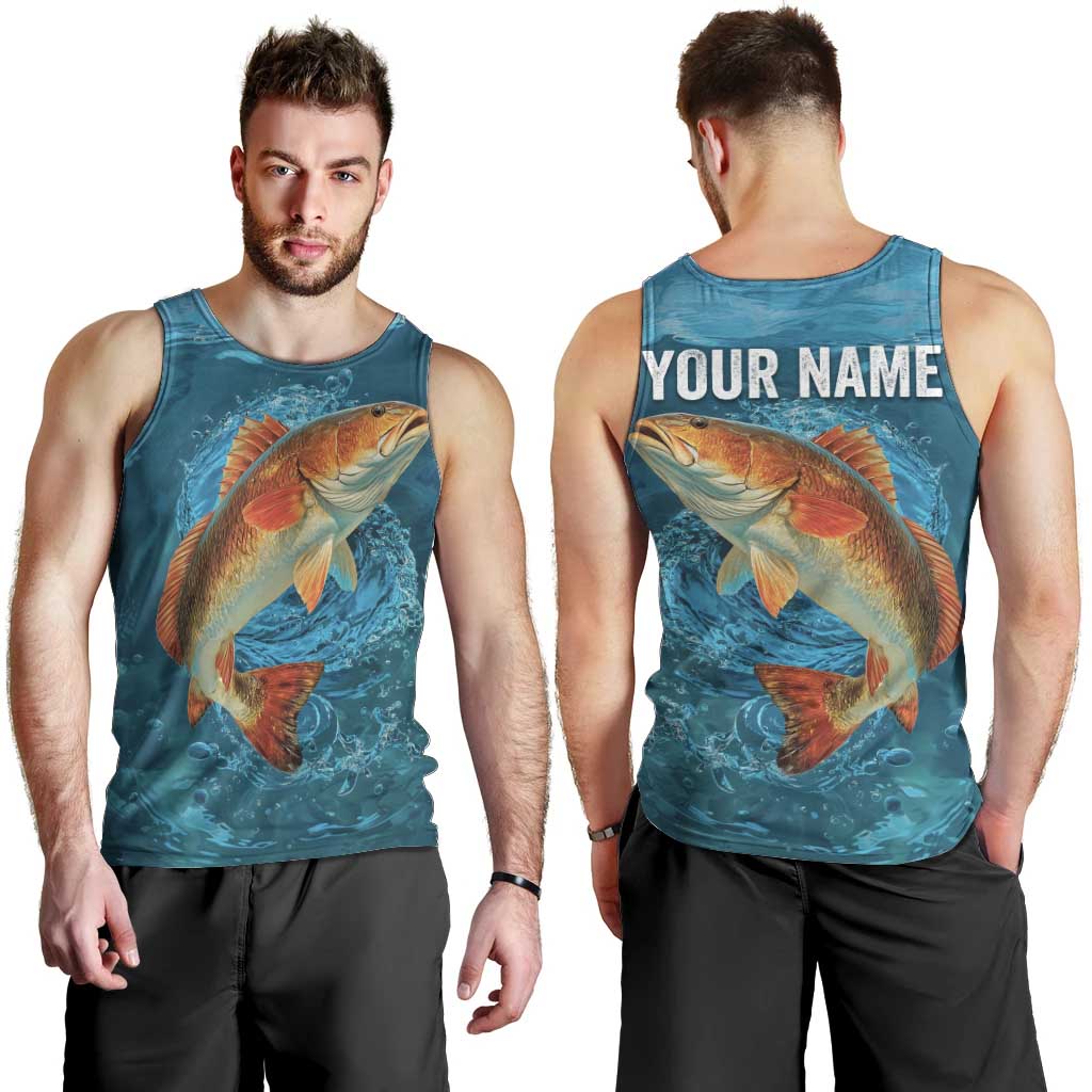 Personalized Redfish Puppy Drum Leaping in Ocean Splash Men Tank Top Blue Lightning Water Background Design - Wonder Print Shop