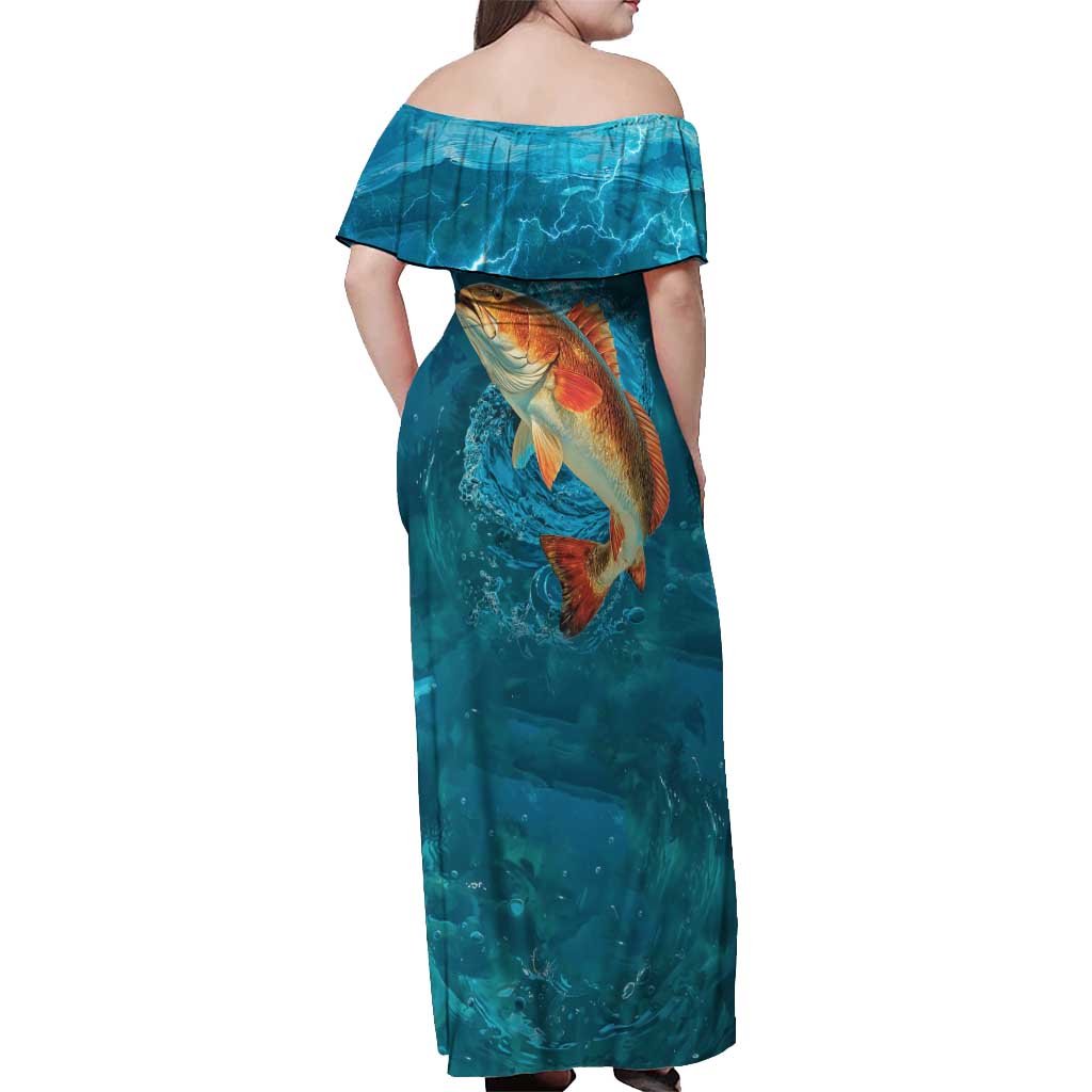 Personalized Redfish Puppy Drum Leaping in Ocean Splash Off Shoulder Maxi Dress Blue Lightning Water Background Design - Wonder Print Shop