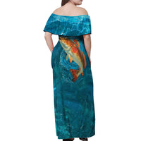 Personalized Redfish Puppy Drum Leaping in Ocean Splash Off Shoulder Maxi Dress Blue Lightning Water Background Design - Wonder Print Shop