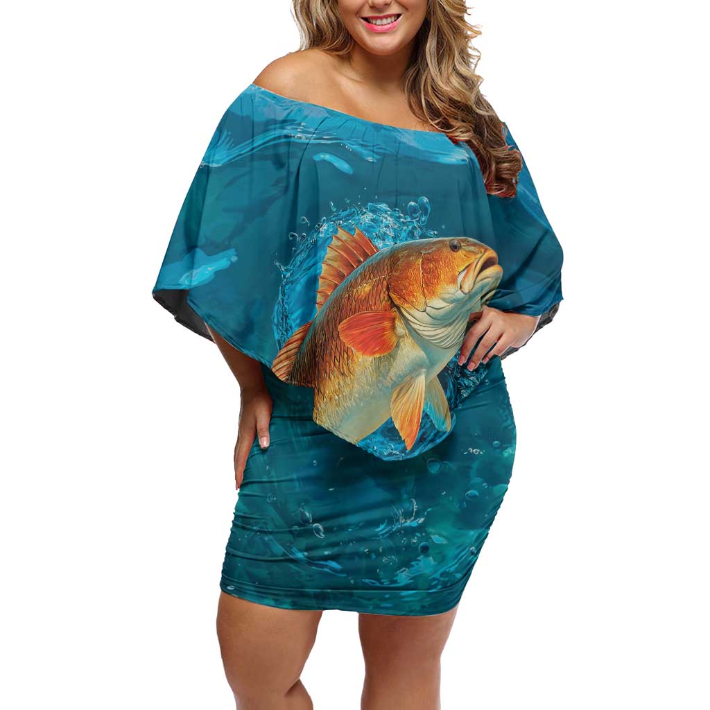 Personalized Redfish Puppy Drum Leaping in Ocean Splash Off Shoulder Short Dress Blue Lightning Water Background Design - Wonder Print Shop