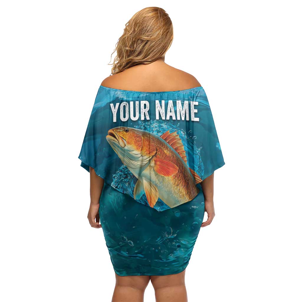 Personalized Redfish Puppy Drum Leaping in Ocean Splash Off Shoulder Short Dress Blue Lightning Water Background Design - Wonder Print Shop
