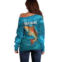 Personalized Redfish Puppy Drum Leaping in Ocean Splash Off Shoulder Sweater Blue Lightning Water Background Design - Wonder Print Shop