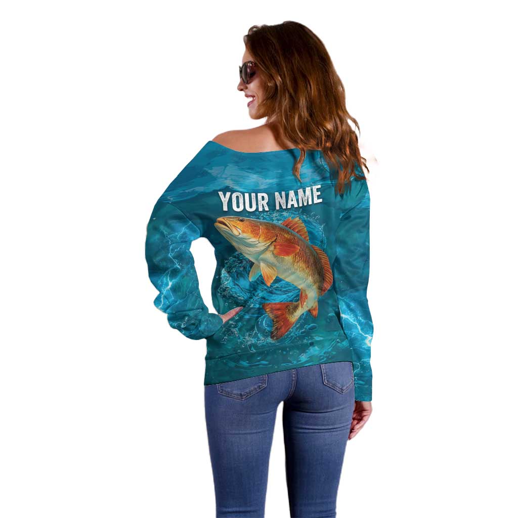 Personalized Redfish Puppy Drum Leaping in Ocean Splash Off Shoulder Sweater Blue Lightning Water Background Design - Wonder Print Shop