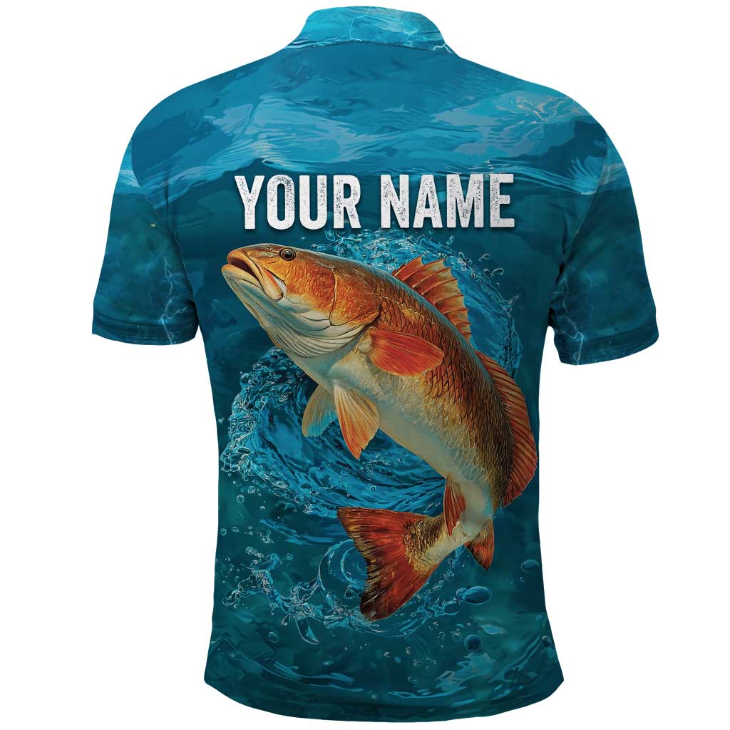 Personalized Redfish Puppy Drum Leaping in Ocean Splash Polo Shirt Blue Lightning Water Background Design - Wonder Print Shop