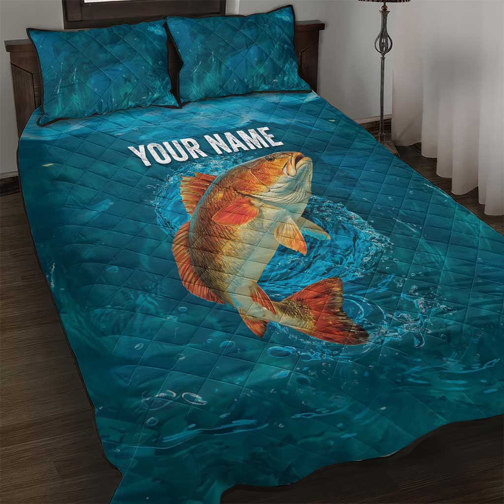 Personalized Redfish Puppy Drum Leaping in Ocean Splash Quilt Bed Set Blue Lightning Water Background Design - Wonder Print Shop