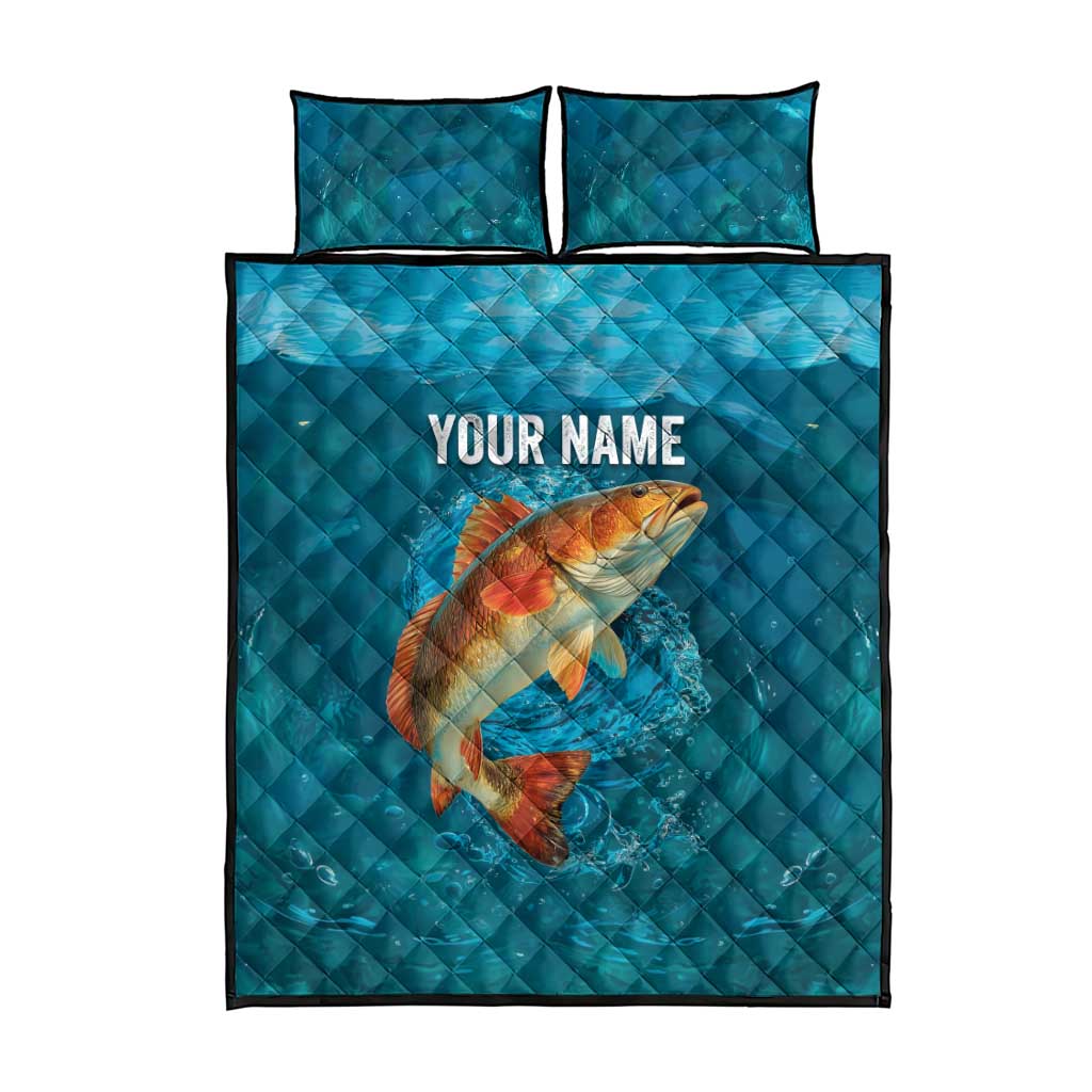 Personalized Redfish Puppy Drum Leaping in Ocean Splash Quilt Bed Set Blue Lightning Water Background Design - Wonder Print Shop