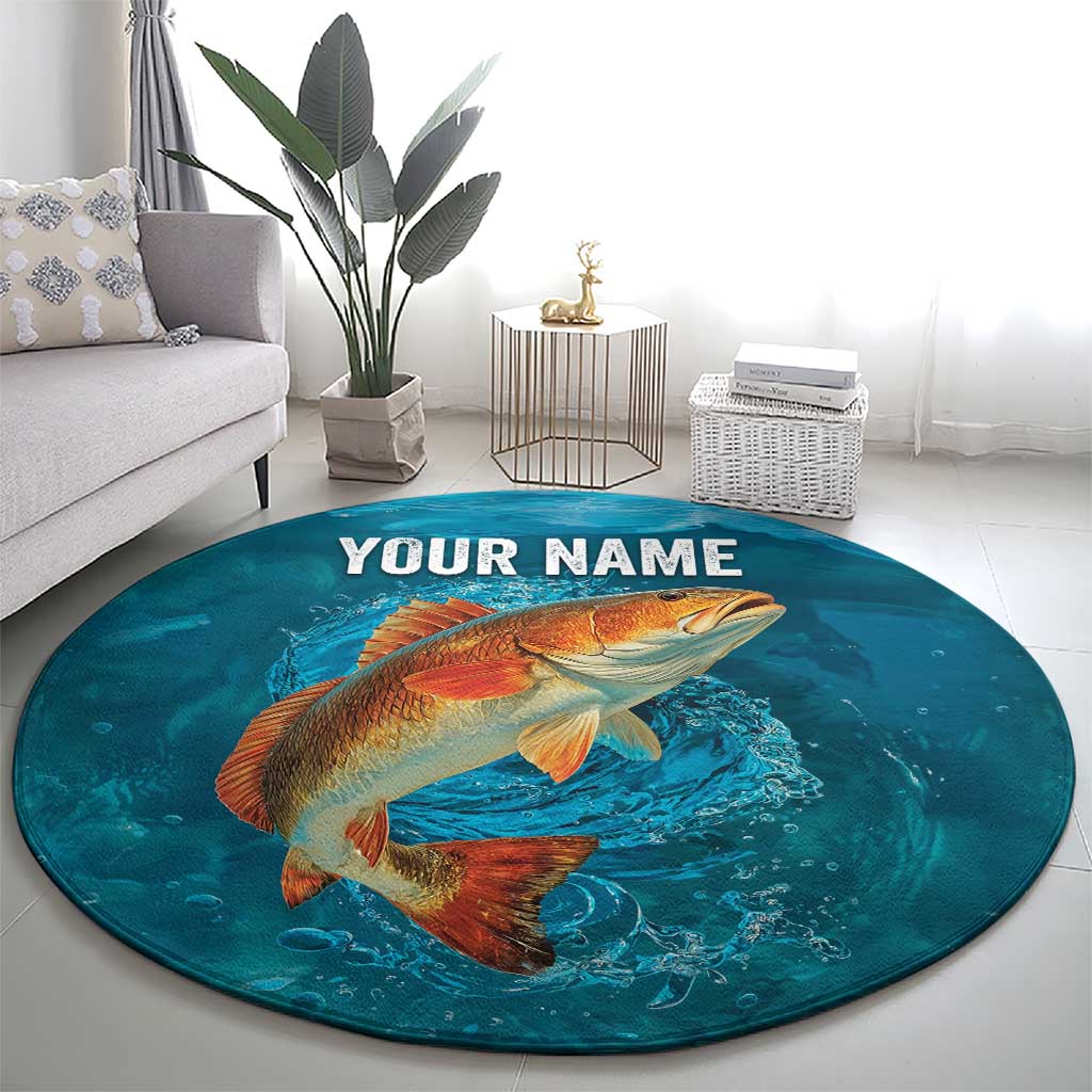 Personalized Redfish Puppy Drum Leaping in Ocean Splash Round Carpet Blue Lightning Water Background Design - Wonder Print Shop