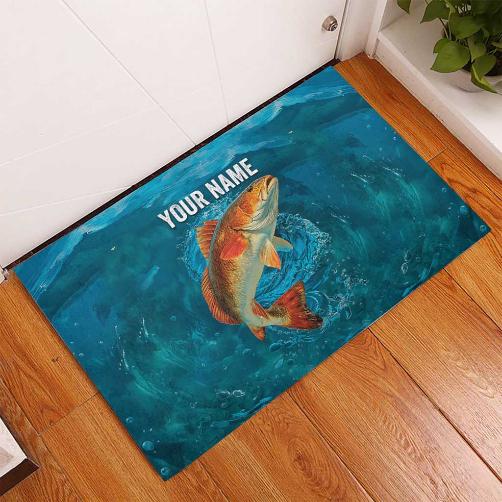 Personalized Redfish Puppy Drum Leaping in Ocean Splash Rubber Doormat Blue Lightning Water Background Design - Wonder Print Shop