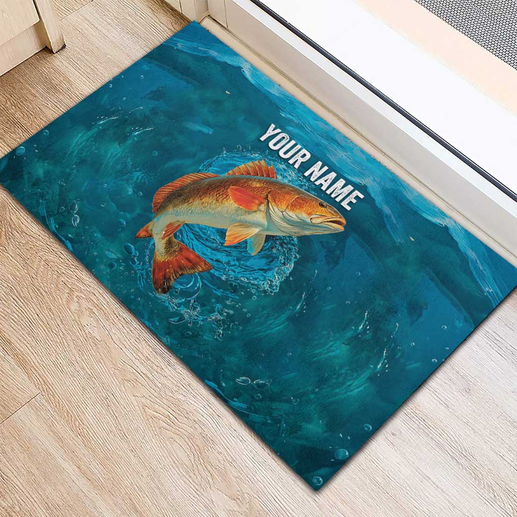 Personalized Redfish Puppy Drum Leaping in Ocean Splash Rubber Doormat Blue Lightning Water Background Design - Wonder Print Shop