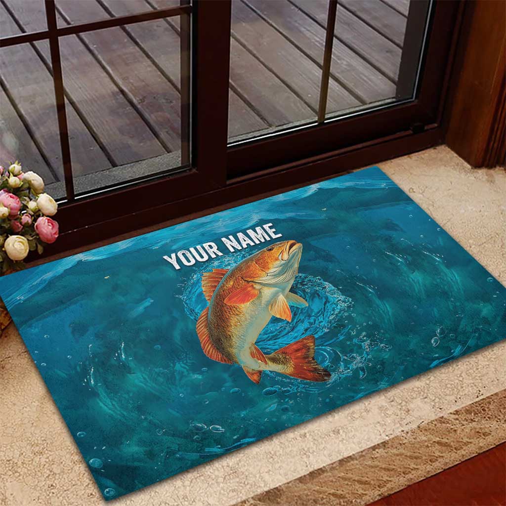Personalized Redfish Puppy Drum Leaping in Ocean Splash Rubber Doormat Blue Lightning Water Background Design - Wonder Print Shop