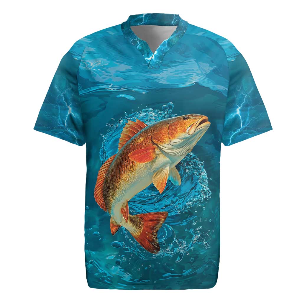Personalized Redfish Puppy Drum Leaping in Ocean Splash Rugby Jersey Blue Lightning Water Background Design - Wonder Print Shop