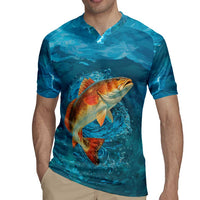 Personalized Redfish Puppy Drum Leaping in Ocean Splash Rugby Jersey Blue Lightning Water Background Design - Wonder Print Shop