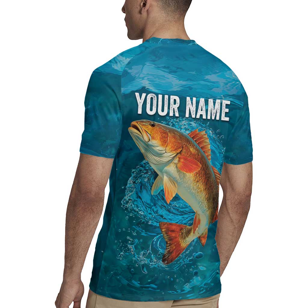 Personalized Redfish Puppy Drum Leaping in Ocean Splash Rugby Jersey Blue Lightning Water Background Design - Wonder Print Shop