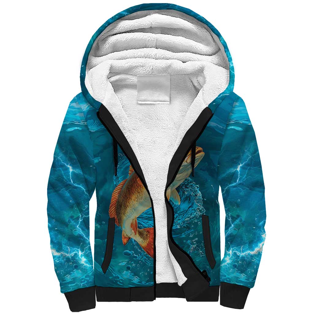 Personalized Redfish Puppy Drum Leaping in Ocean Splash Sherpa Hoodie Blue Lightning Water Background Design - Wonder Print Shop