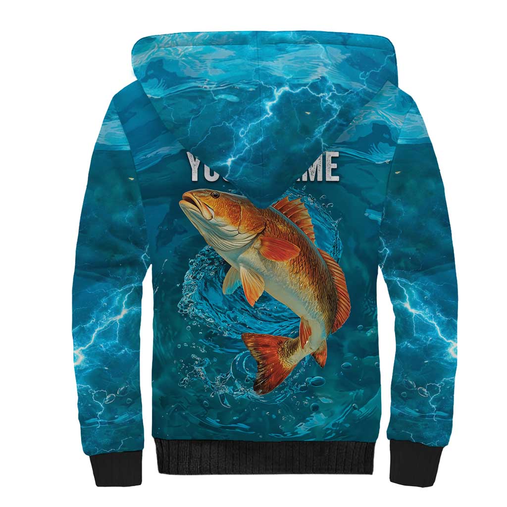Personalized Redfish Puppy Drum Leaping in Ocean Splash Sherpa Hoodie Blue Lightning Water Background Design - Wonder Print Shop