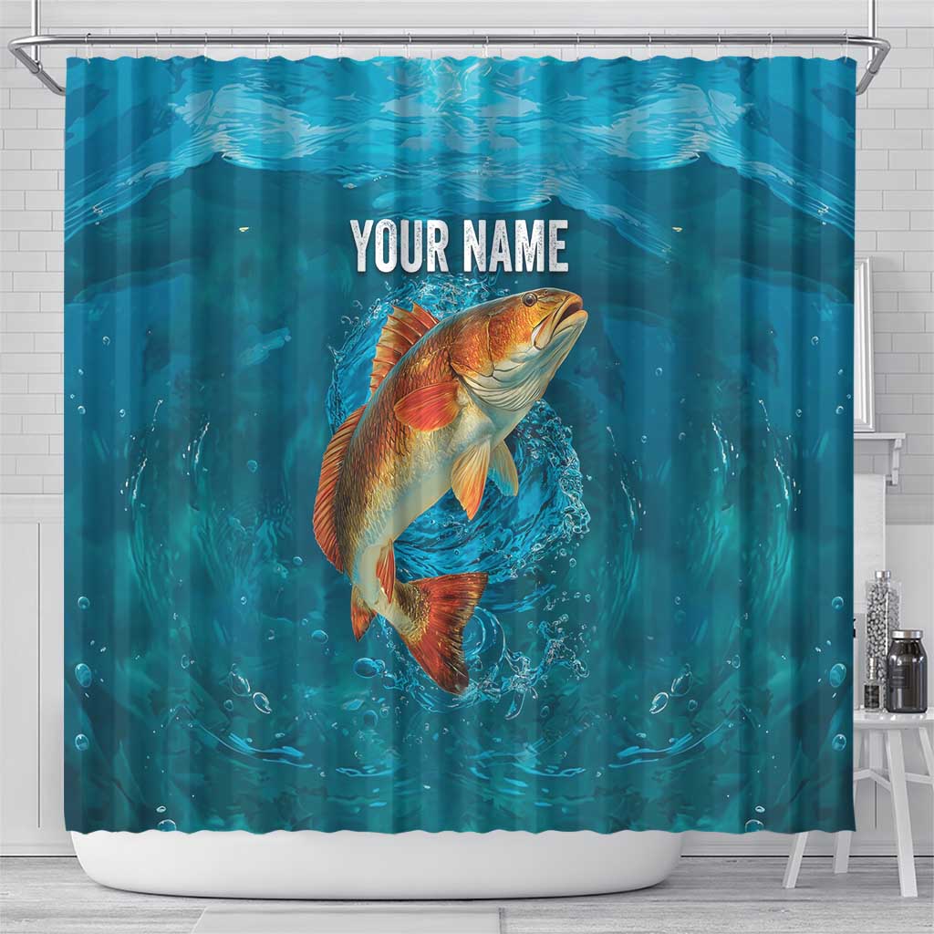 Personalized Redfish Puppy Drum Leaping in Ocean Splash Shower Curtain Blue Lightning Water Background Design - Wonder Print Shop