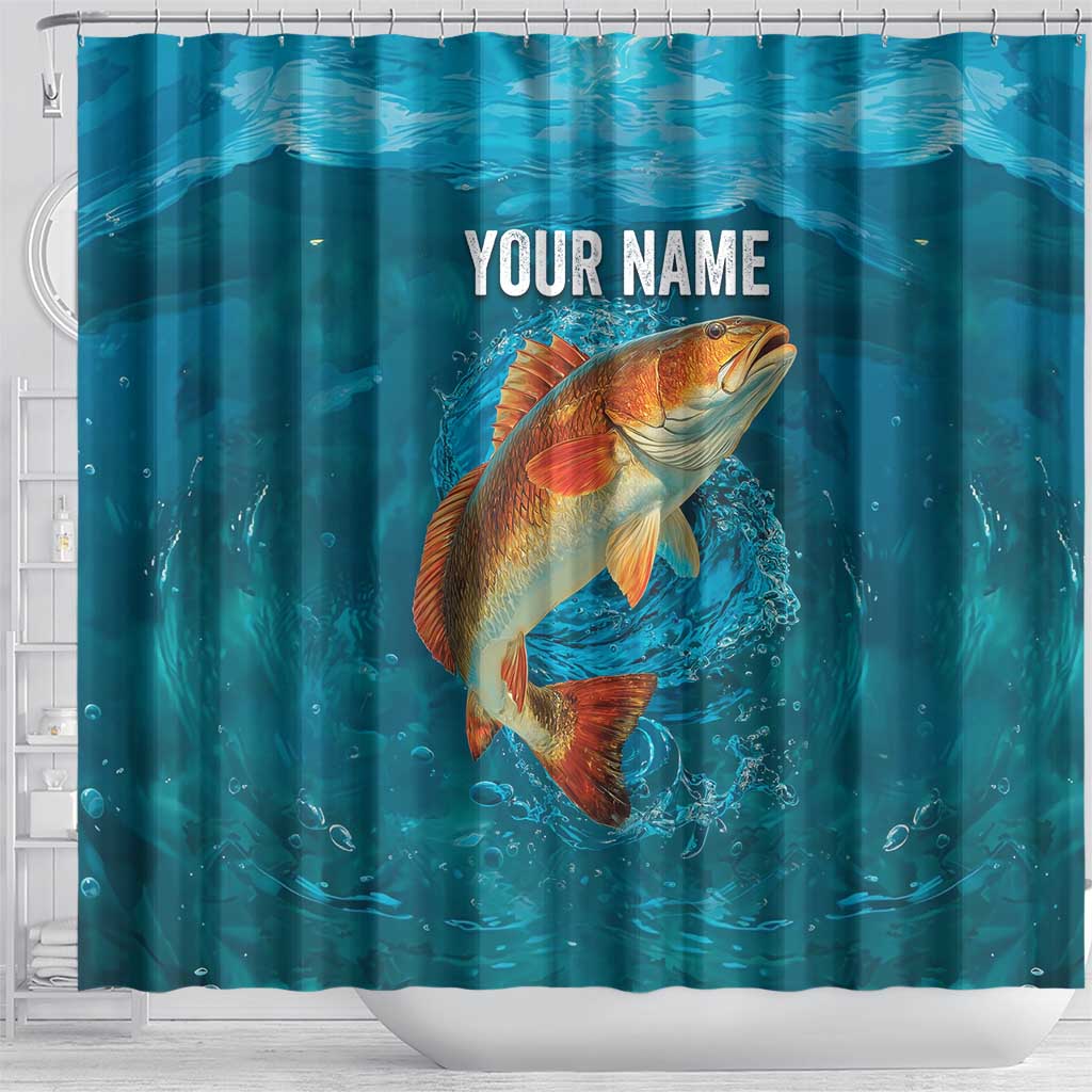 Personalized Redfish Puppy Drum Leaping in Ocean Splash Shower Curtain Blue Lightning Water Background Design - Wonder Print Shop