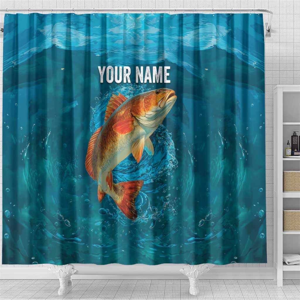 Personalized Redfish Puppy Drum Leaping in Ocean Splash Shower Curtain Blue Lightning Water Background Design - Wonder Print Shop