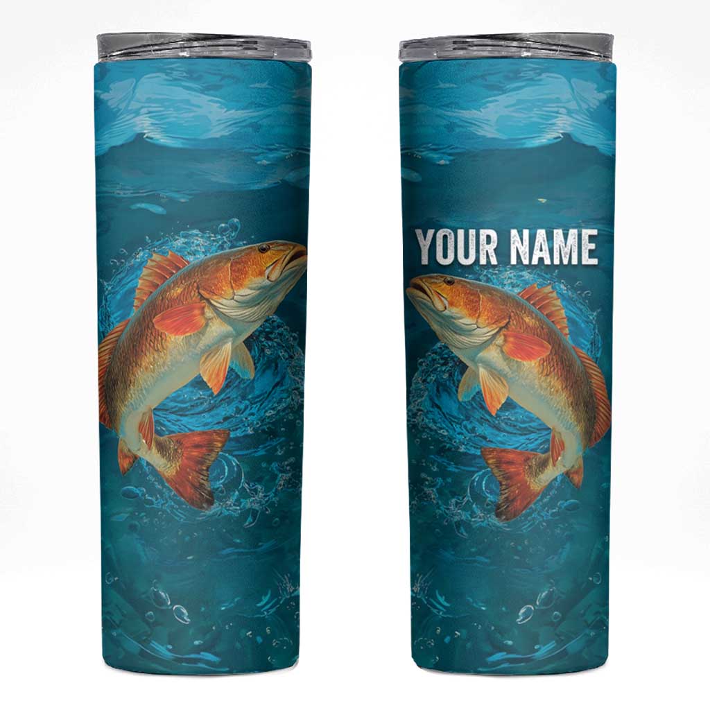 Personalized Redfish Puppy Drum Leaping in Ocean Splash Skinny Tumbler Blue Lightning Water Background Design - Wonder Print Shop