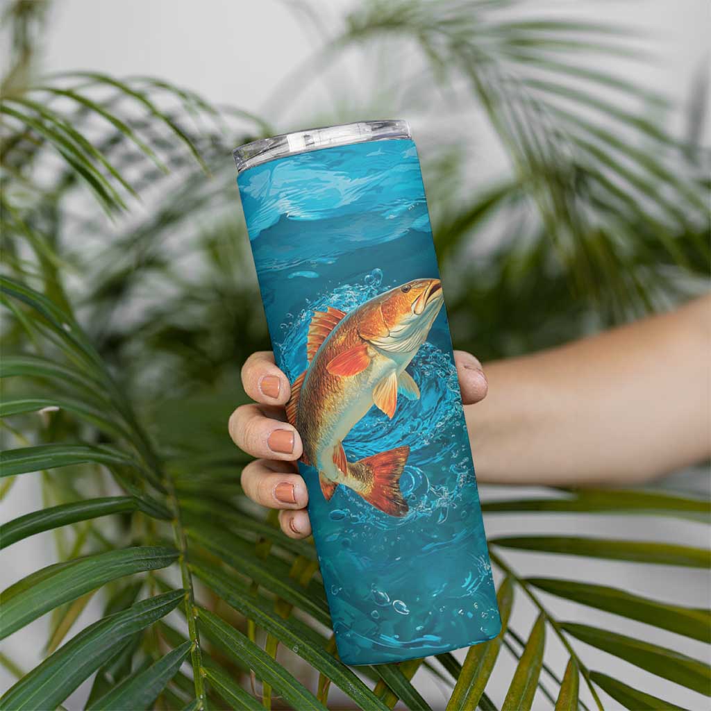 Personalized Redfish Puppy Drum Leaping in Ocean Splash Skinny Tumbler Blue Lightning Water Background Design - Wonder Print Shop