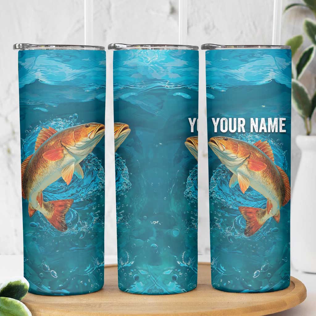 Personalized Redfish Puppy Drum Leaping in Ocean Splash Skinny Tumbler Blue Lightning Water Background Design - Wonder Print Shop