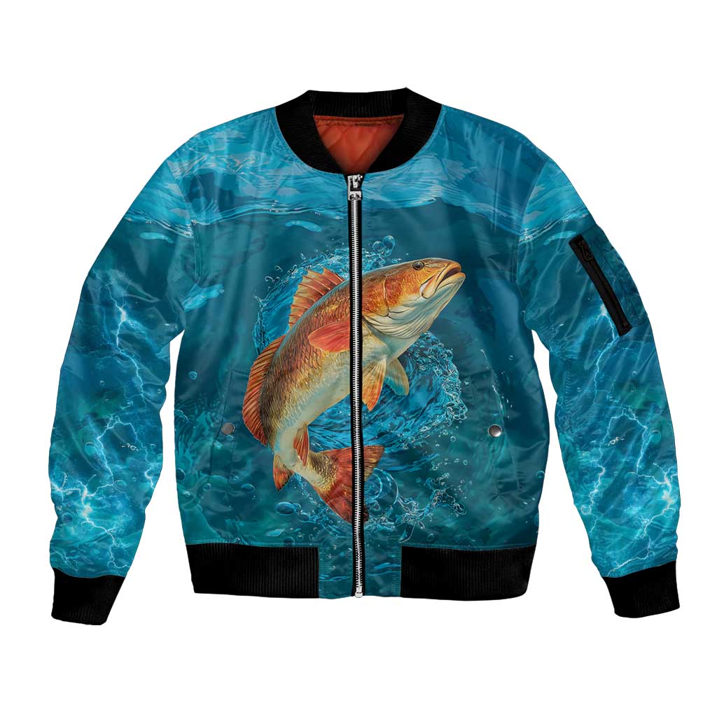 Personalized Redfish Puppy Drum Leaping in Ocean Splash Sleeve Zip Bomber Jacket Blue Lightning Water Background Design - Wonder Print Shop
