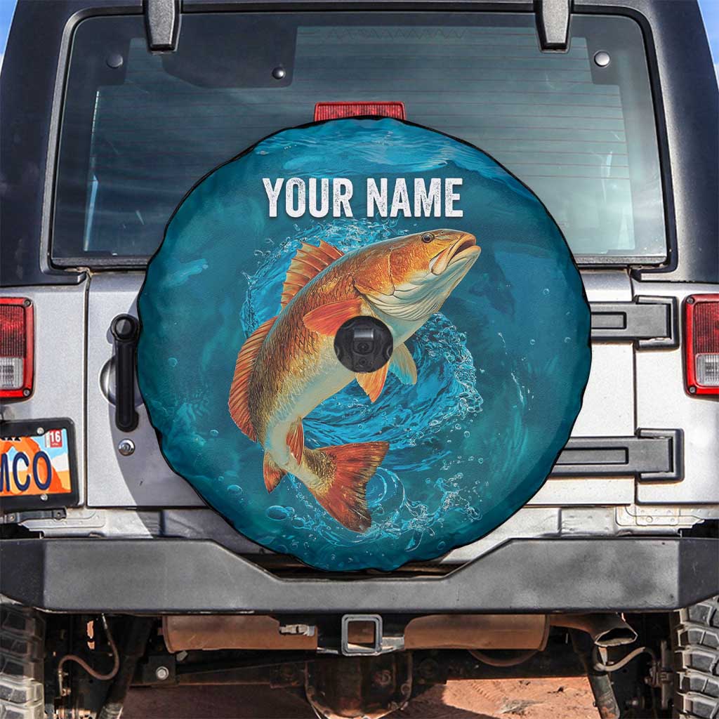 Personalized Redfish Puppy Drum Leaping in Ocean Splash Spare Tire Cover Blue Lightning Water Background Design - Wonder Print Shop