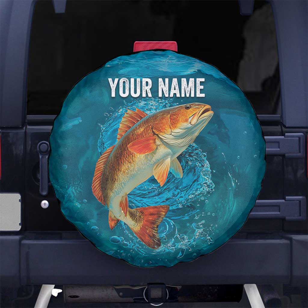 Personalized Redfish Puppy Drum Leaping in Ocean Splash Spare Tire Cover Blue Lightning Water Background Design - Wonder Print Shop