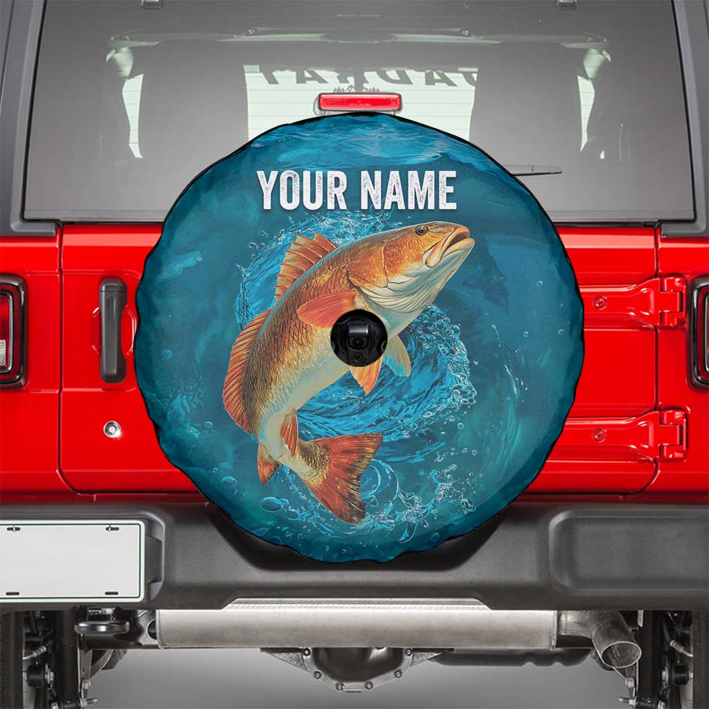 Personalized Redfish Puppy Drum Leaping in Ocean Splash Spare Tire Cover Blue Lightning Water Background Design - Wonder Print Shop